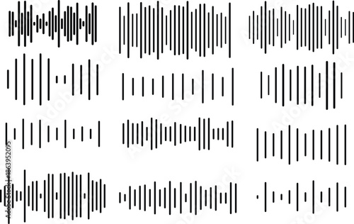 Podcast sound waves. Audio waveforms line icons, sound wave frequency or voice microphone signals. Music, podcast and broadcast, UI and audio branding design. Isolated vector set.