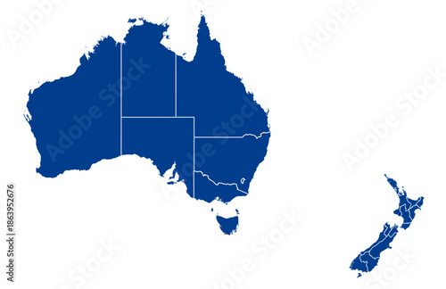 Australia and New Zealand Map vector with all States and territories in blue. Similar map blank of  Australia and New Zealand on white background.  High quality map.  EPS10.