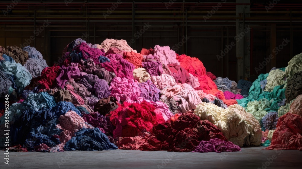 Fototapeta premium colorful textile waste pile, environmental impact of fast fashion, recycling difficulty, realistic textures, industrial background, cinematic photo