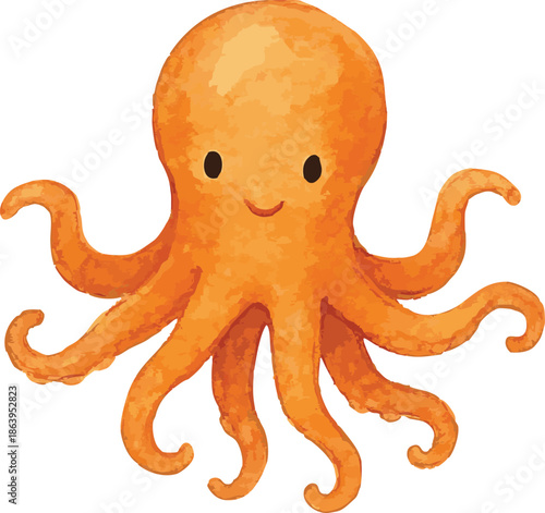 Vector watercolor illustration of a cute cartoon octopus