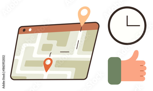 Navigation tools, time management, travel planning, direction tracking, user feedback, location services. A map with pins, a clock and thumbs-up. Navigation tools and time management concept