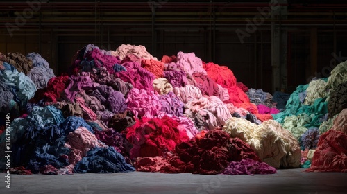 colorful textile waste pile, environmental impact of fast fashion, recycling difficulty, realistic textures, industrial background, cinematic photo