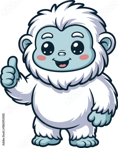 Cute Cartoon Yeti Mascot Character Giving Thumbs Up White Furry Abominable Snowman Mythical Creature Vector Illustration Isolated On White Background,