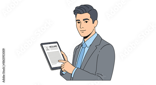 Professional man in a suit reviewing a digital resume on a tablet, symbolizing modern job applications and career development.