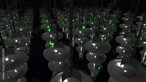 Futuristic digital network of glowing green lights and metallic shapes in a dark abstract space