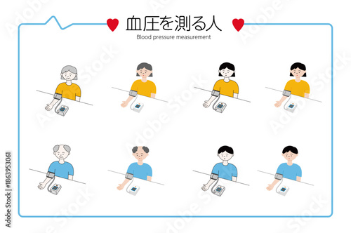 フラットな線画で描かれた血圧を測定する男女の人物イラストセット|健康管理や家庭でのセルフチェック・医療・予防のコンセプト
