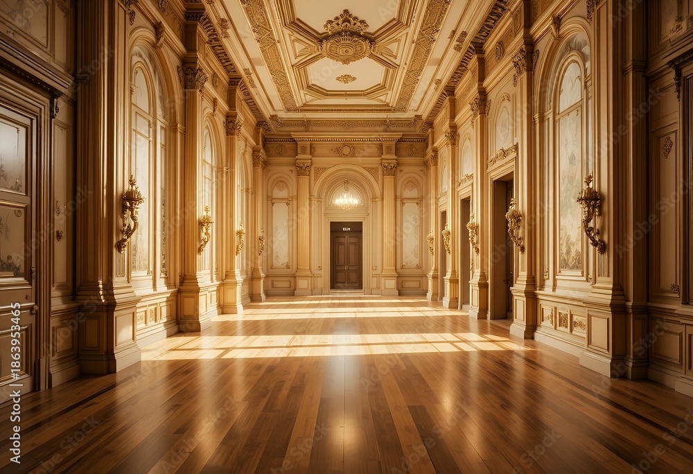 Obraz premium Sunlit ornate neoclassical ballroom with gilded moldings and parquet flooring
