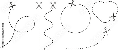 Collection of black vector silhouettes cutting scissors and dashed lines
