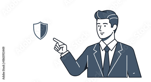A confident businessman in a suit points towards a protective shield icon, symbolizing security, insurance, and digital safety in a modern context.