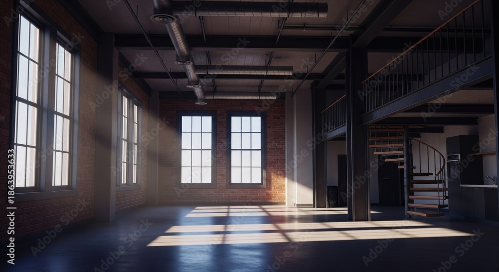 Fototapeta premium Empty industrial loft space bathed in sunlight, featuring large windows & a spiral staircase
