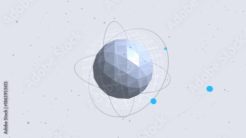 Abstract geometric sphere with orbiting elements, representing technology and science