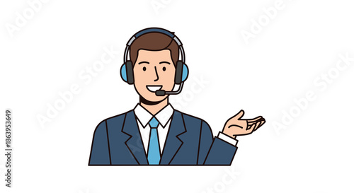 A friendly male customer service representative wearing a headset and suit smiles while gesturing, offering support and assistance.