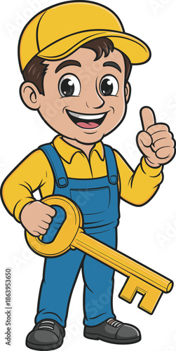 Friendly cartoon locksmith mascot character wearing blue overalls and yellow cap holding a large golden key giving a thumbs up,