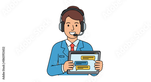 A friendly male customer service representative wearing a headset and holding a tablet with chat bubbles, offering support and communication.