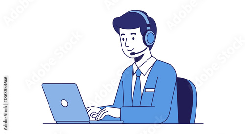 A friendly male customer service representative wearing a headset and working on a laptop, providing excellent support in a modern, professional setting.