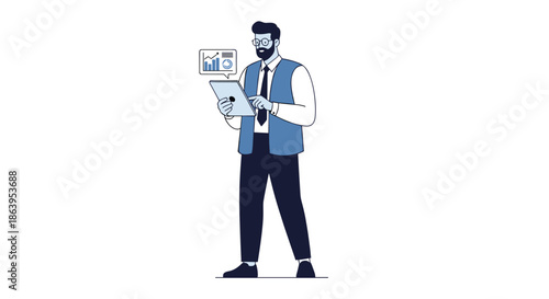 A stylish bearded man in a vest and tie stands thoughtfully, analyzing data on a tablet with an infographic icon above, symbolizing modern business analytics and digital strategy.
