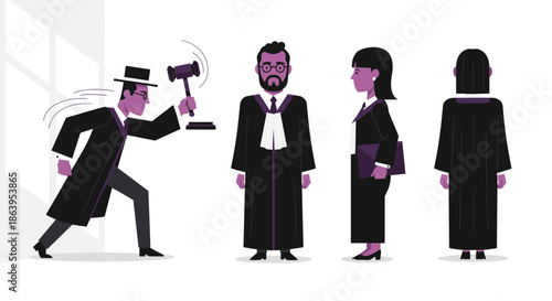 A male judge in a black robe aggressively wields a gavel, standing alongside diverse legal professionals in various poses, illustrating the judicial system.