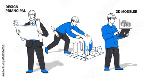 Three male construction professionals, including a design principal, an architect, and a 3D modeler, collaborating on an urban development project.