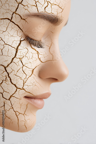 Close up profile of a woman’s face with cracked, dry skin texture symbolizing dehydration, skincare problems, aging, and cosmetic or dermatology concepts.