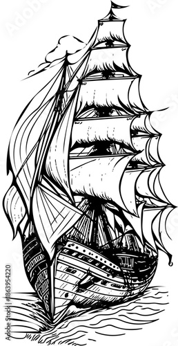 A majestic sailing ship navigates through turbulent waters with full sails, viewed from a low angle