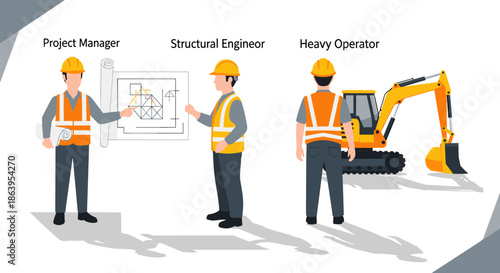 Three construction professionals, including a project manager, structural engineer, and heavy equipment operator, are depicted in a professional setting, highlighting their distinct roles in the