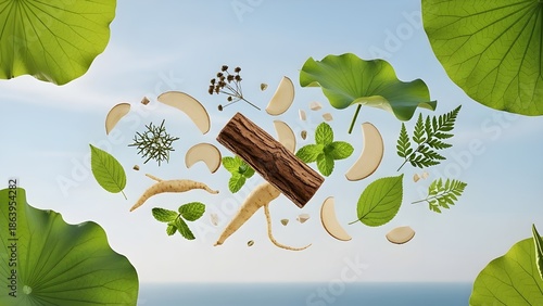 Natural Organic Herbal Ingredients and Green Leaves Flying Against Blue Sky