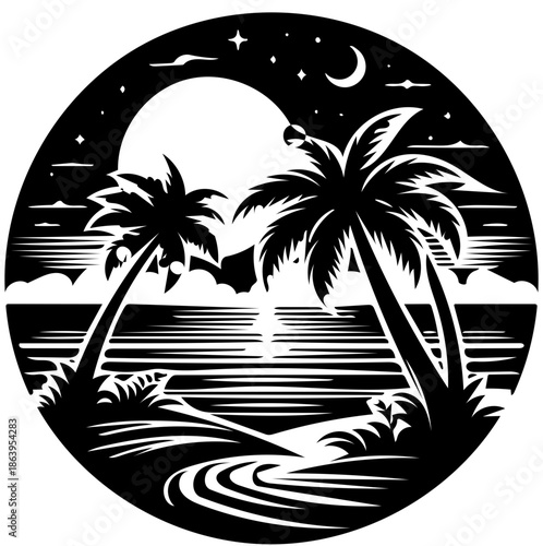 A serene beach scene under the night sky with palm trees and a full moon shining over the ocean waves