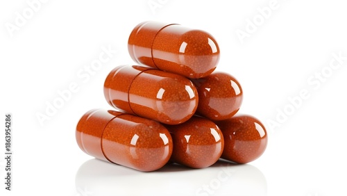 Stack of Six Brown Gel Capsules on White Background