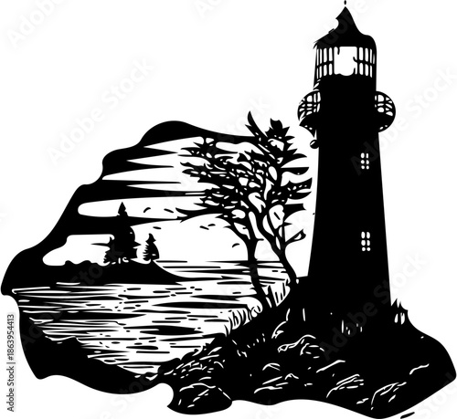 Silhouette of a lighthouse standing tall on a rocky coast, overlooking the sea with trees in the foreground