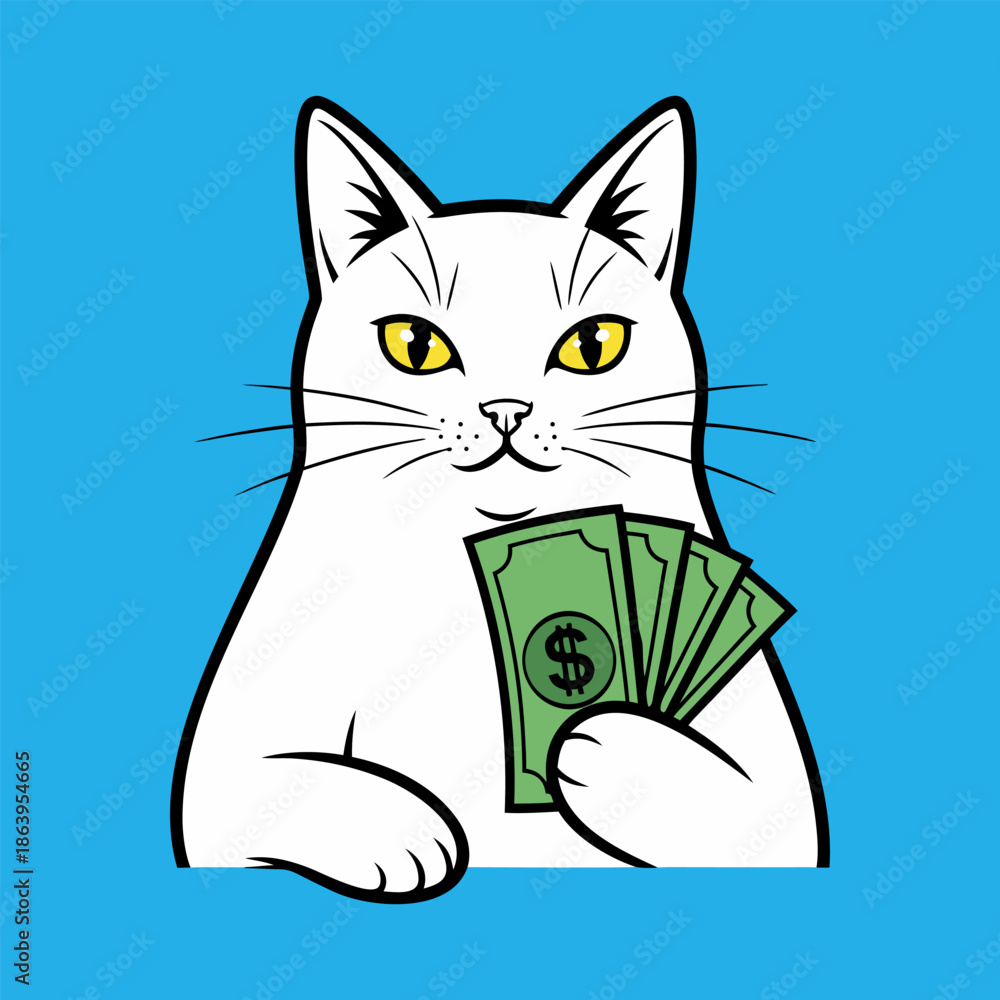 Obraz premium Playful white cat cartoon character holding a fan of green dollar banknotes, symbolizing financial prosperity, savvy investment, and wealth management in a vibrant, modern vector illustration style
