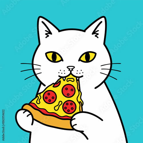 Whimsical cartoon illustration of a white cat happily devouring a cheesy pepperoni pizza slice against a vibrant blue background, showcasing a fun animal enjoying a snack