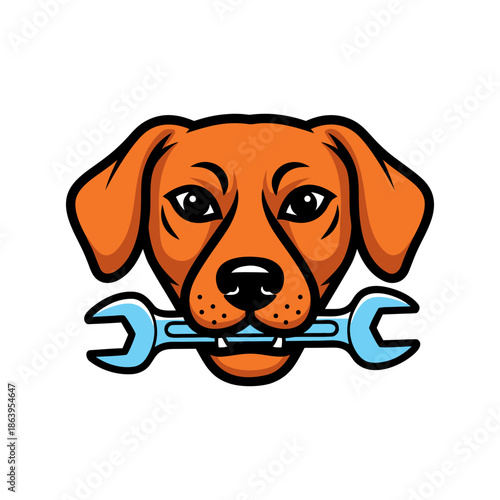Vibrant cartoon dog mascot illustration holding a wrench, symbolizing loyal and friendly service. Ideal emblem for repair, pet care, or technical assistance businesses