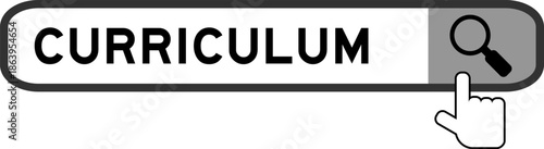 Search banner in word curriculum with hand over magnifier icon on white background