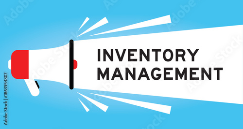 Color megaphone icon with word inventory management in white banner on blue background