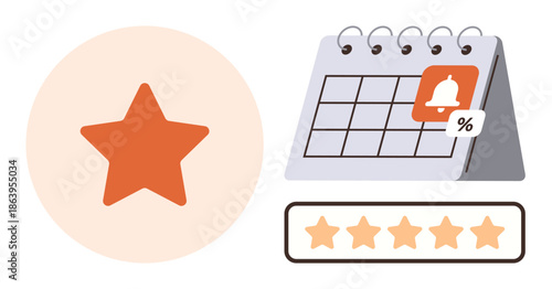 Productivity tools, planning, feedback systems, reviews, reminder notifications, rating optimization. A star rating, calendar with bell icon and 5-star review. Productivity tools and feedback
