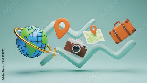 Vibrant travel icons float on whimsical route map background