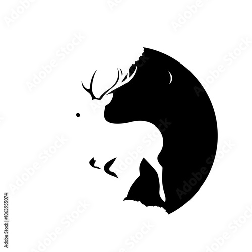 Silhouette design of a deer leaping gracefully towards the night sky within a curved black shape