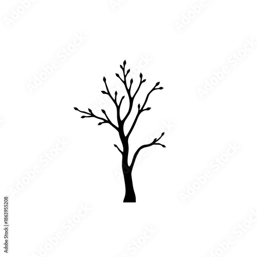 Simple black and white tree silhouette isolated on white background, minimalist design.