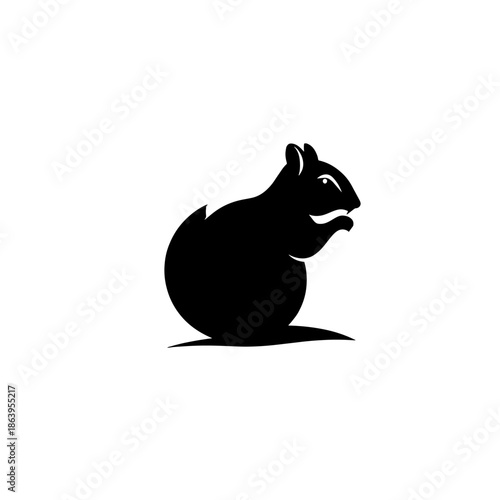 Simple black and white vector illustration of a squirrel sitting and eating a nut in silhouette