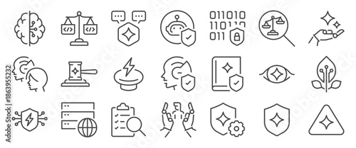 AI Ethics & Safety icon set. It included Privacy, AI Governance, AI Regulation, digital, and more icons. Editable Vector Stroke.