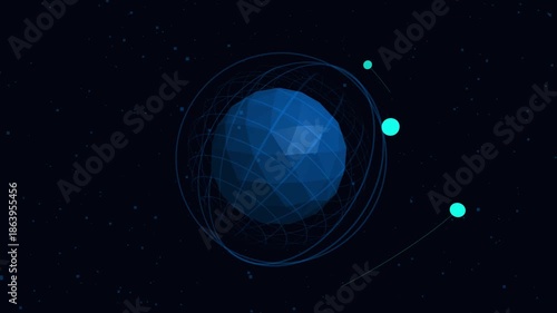 Abstract digital planet with orbiting celestial bodies against a starry night sky.