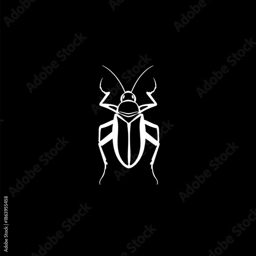 Simple minimalist white line art illustration of a cockroach insect on a black background.