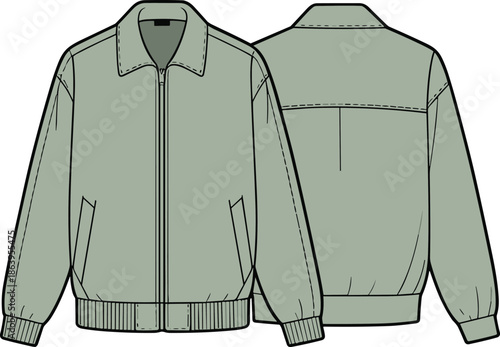 Technical flat sketch of a sage green chore jacket featuring raglan sleeves, contrast brown collar, four utility pockets, and buttons.