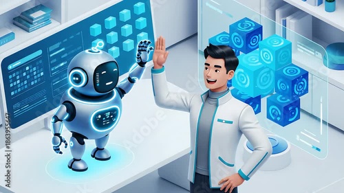 Futuristic Isometric Animation of Human and Robot High-Fiving in Modern Laboratory Setting