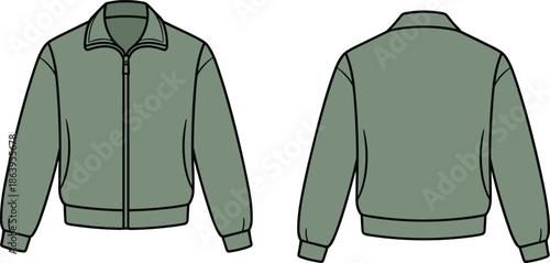 Technical flat sketch of a sage green chore jacket with raglan sleeves, contrast brown collar, utility pockets, and button-up front.