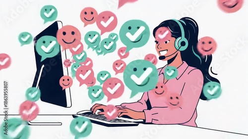 Animated Support Agent Typing on Laptop with Positive Feedback Icons Surrounding