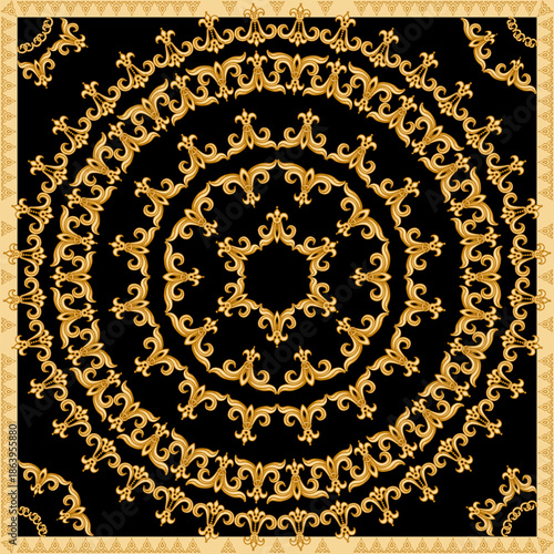 Set of golden oriental borders on a black background. 5 pattern brushes in a brush pallet