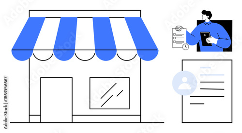 E-commerce, digital identity, small business management, online security, customer records, retail. Storefront, person holding document and device document with user icon. E-commerce and digital
