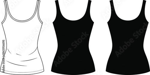 Women's Scoop Neck Tank Top Fashion Flat Sketch Vector Template Technical Drawing Mockup Blank White and Black Sleeveless Apparel Silhouette