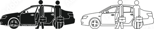 Businessmen with briefcases getting into sedan car, black silhouette and thin line art vector icons set isolated on white background, stock illustration.